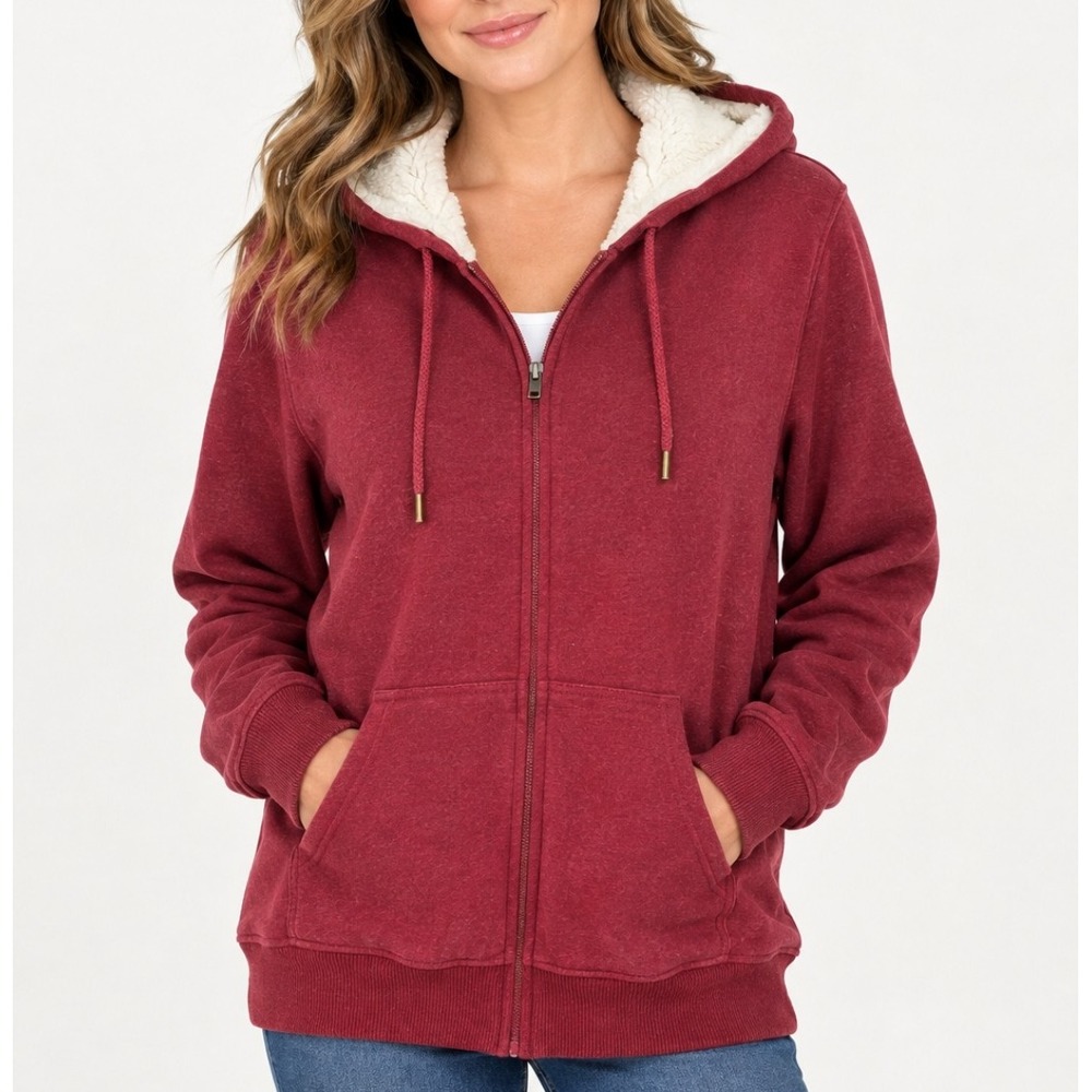 LL Bean Zip Hoodie Women Large Burgundy Sherpa Fleece Lined 513919
